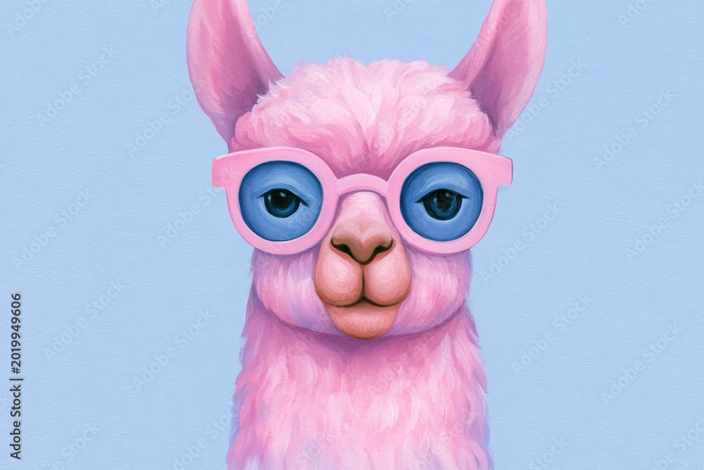 Obraz premium Cute pink llama wearing glasses poses against a blue background