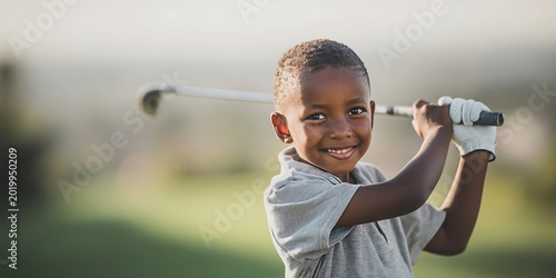 Young African American boy smiling while playing golf outdoors.
