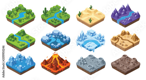 Collection of isometric world map tiles representing various biomes like forest desert mountains volcano and lunar landscape.