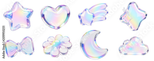 ホログラム風ぷっくり3D透明パーツセット,虹色の幻想的なアイコン集,Y2Kデコレーション素材,オーロラカラーの星とハート