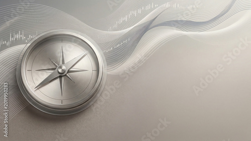 Silver Metal Compass Beside Abstract Financial Wave Lines on Beige Background Symbolizing Strategic Signal Perfect for Finance Banking Investment Branding Web Background