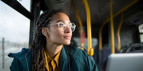 Young woman with braided hair and glasses looking out bus window.