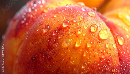 Fresh peach with sparkling water droplets macro close-up