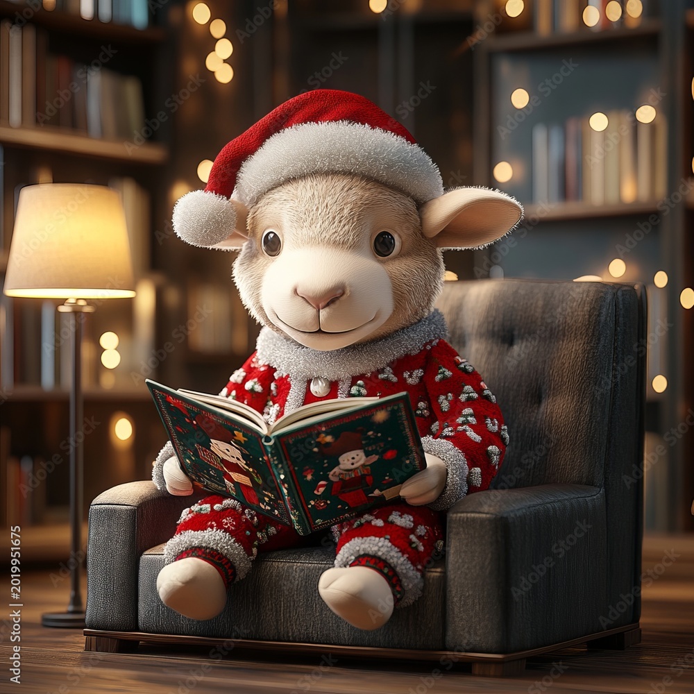 Obraz premium Charming Festive Sheep Enjoys Cozy Fireside Tale for Christmas, Perfect Fantasy Book Gift for All