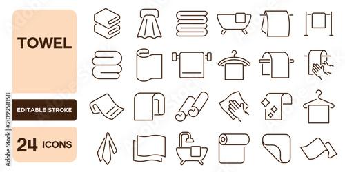 Set of 24 line icons related to towel, Editable stroke. Vector illustration