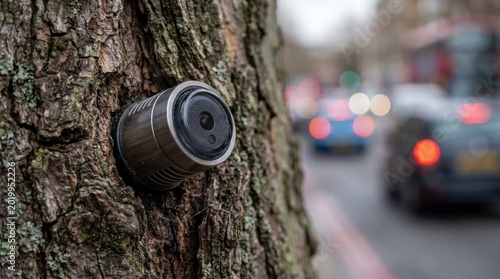 A small surveillance camera mounted on a tree with blurred traffic in background