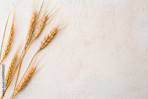 Foto Wheat spikelets on a white stone background.
