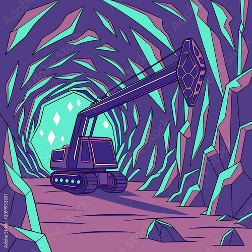Bilde på lerret Mining excavator operating in futuristic crystal cave with excavator underground