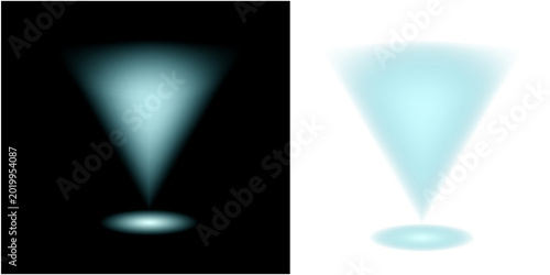 Aqua spotlight beam shining upwards on black background with spotlight