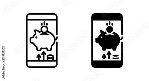 Mobile Piggy Bank Icons: Digital Savings, Finance App, Online Banking, Investment Growth