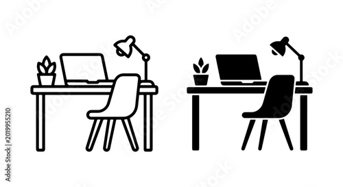 Minimalist Desk Setup Icons, Home Office Workspace, Modern Computer Table & Chair, Plant & Lamp