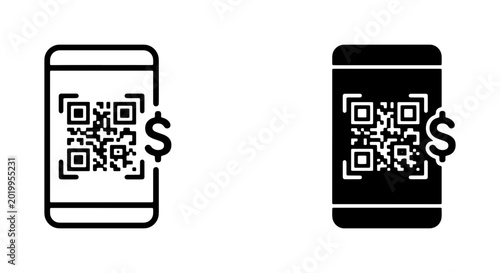 QR Code Mobile Payment Icons, Digital Transaction Symbols, Smartphone Scan Money Icons