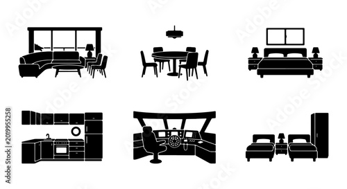 Interior Design Icons: Living Room, Dining, Bedroom, Kitchen, Cockpit, Furniture Set