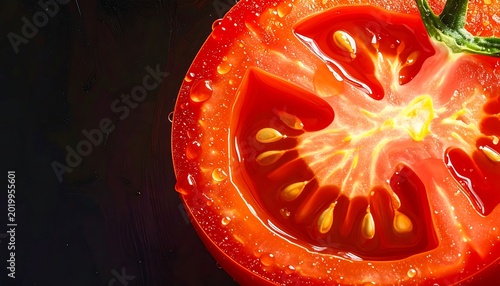 Macro cross section of fresh tomato slice with seeds and juicy texture on dark background