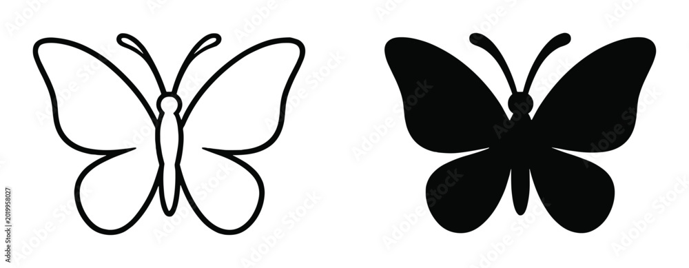 Fototapeta premium Simple black and white butterfly icons with outline and filled silhouettes on transparent background