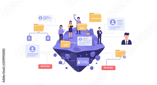 VIP Rewards Network on Floating Island with People and Folder Icons