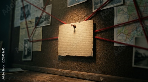 Mystery crime evidence corkboard background with glowing copy space