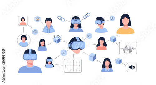 Group of people wearing VR headsets connected by icons and data