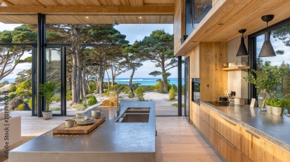 Fototapeta premium A radiant contemporary kitchen with sleek counters and warm wood cabinetry presents a captivating coastal vista, featuring turquoise waters, sandy dunes, and a dense grove of coastal pines