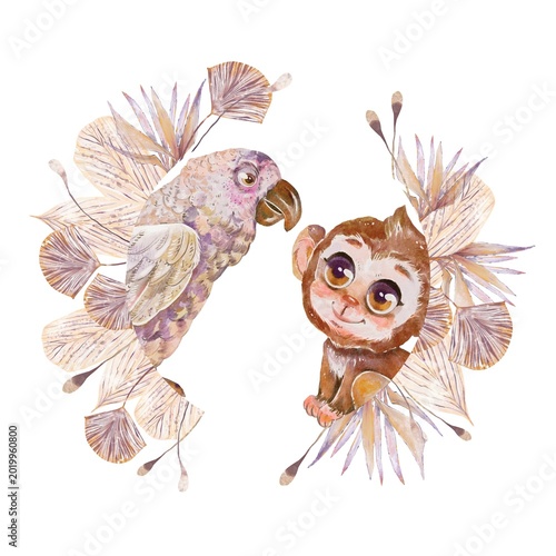 Photography White parrot and brown monkey in frame of dry boho safari leaves Stylish beige a