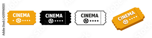 Collection of cinema tickets with film reel and star icons in various styles
