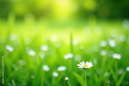 Field of white wildflowers, lush green grass, soft bokeh , rural, landscape