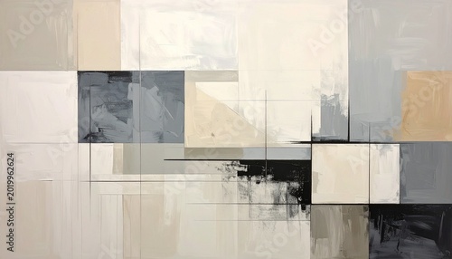 Neutral abstract geometric painting with beige, gray and black textured blocks, modern contemporary wall art