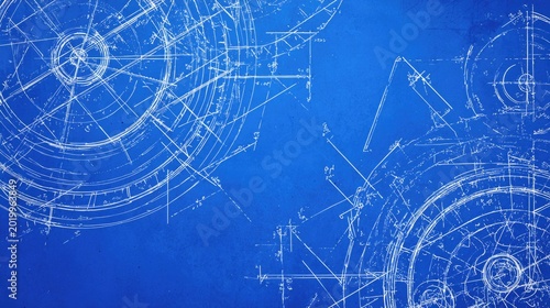 Detailed Blueprint Background with Technical Drawings of Circular Machinery on Blue Canvas