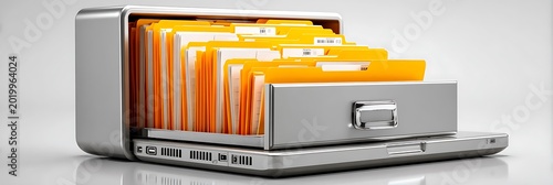 Laptop computer with integrated metal filing cabinet drawer containing organized yellow document folders representing digital data storage and efficient information management systems