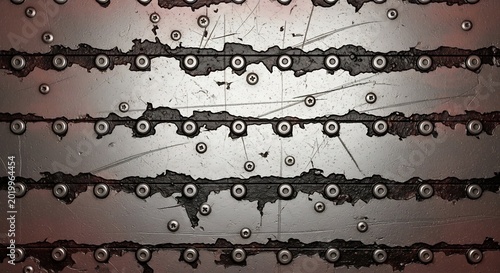 Close-up of a distressed metal surface with visible rivets and scratches.