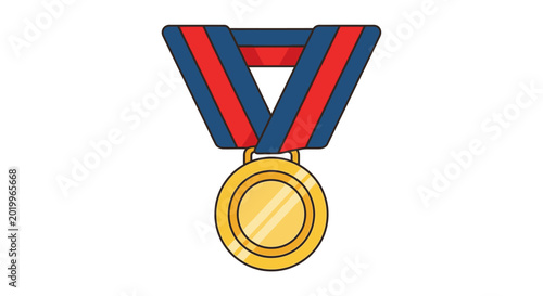 Gold Medal Icon with Blue and Red Ribbon on White Background
