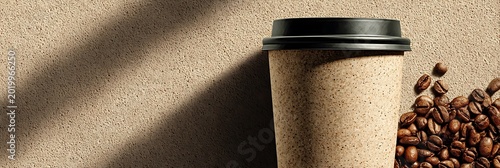 Sustainable disposable coffee cup with roasted coffee beans and dramatic shadows on textured beige surface for professional minimalist cafe branding and eco-friendly beverage marketing