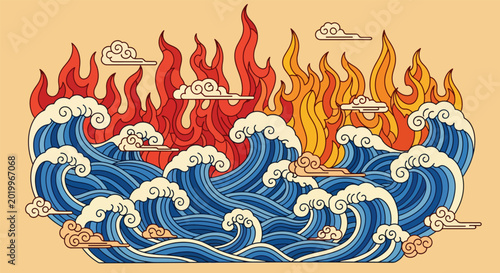 Fiery Waves and Clouds in Traditional Japanese Art Style.
