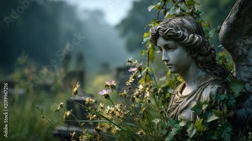 Weathered stone angel statue surrounded by flowers in abandoned cemetery  