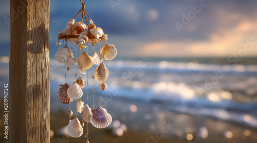 Close-up of a delicate seashell wind chime hanging by the beach  