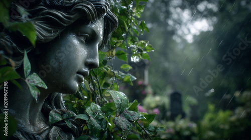 Close-up of weeping angel statue surrounded by ivy in rainy cemetery  