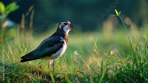 Lapwing bird calling while standing in a green grass field  