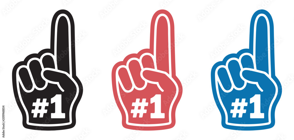 Fototapeta premium Foam finger hand icon, number one gesture for sports fans, cheering supporter symbol, team spirit graphic, isolated vector illustration.