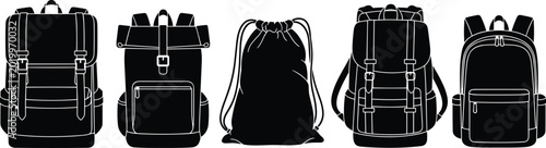 Schilderij op canvas Backpack silhouettes, buckle flap, roll-top design, drawstring bag, compact styl