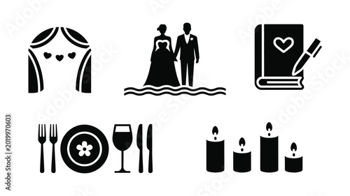фотографія Wedding and Celebration icon collection including arch, bride and groom, guestbook, dinner table and candles for event invitation and decor vector design