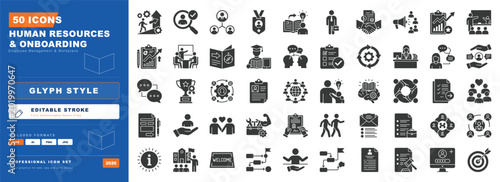 Human Resources and Onboarding Glyph Icon Set with Editable Stroke for HR Management and Corporate UI Design