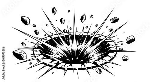 Fotografía Explosion hole with flying debris in black and white comic style.