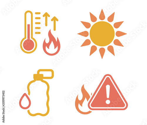 Foto Extreme heat wave icon set, global warming symbols, hot thermometer sun graphics, hydration and climate change concept vector illustration