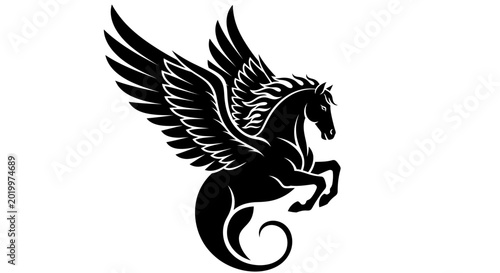 Foto Majestic Black Pegasus Mythical Creature with Powerful Wings.