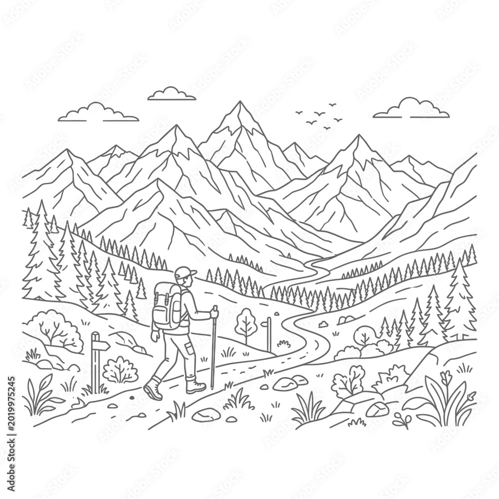 Fototapeta premium Hiker Trekking Through Mountain Valley Landscape Vector Illustration