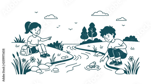 Kids observing nature in a scenic riverside illustration