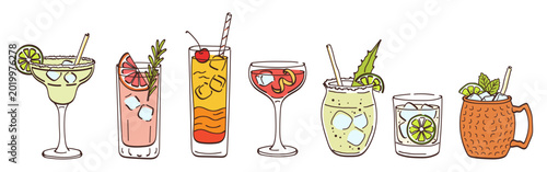 Cuadro en lienzo Trendy vector tequila set with Margarita, Paloma, Tequila Sunrise, El Diablo, Ca