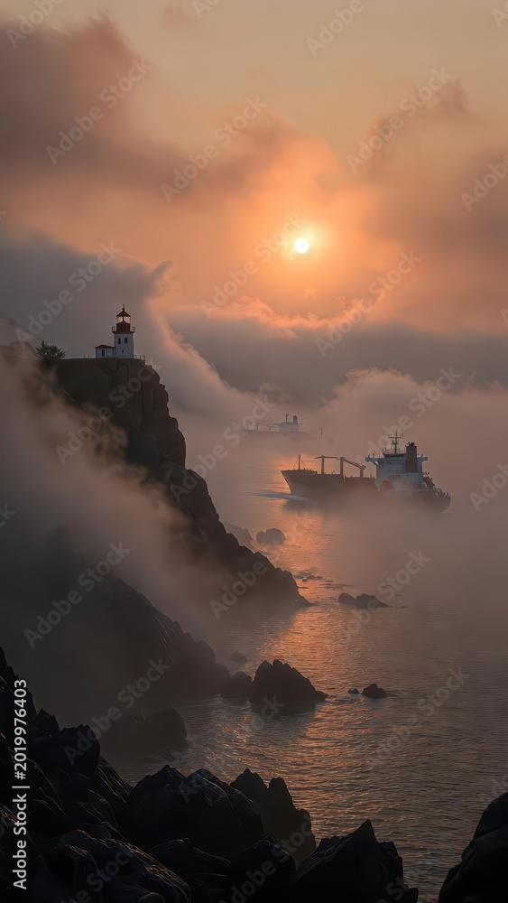Fototapeta premium Foggy sunrise over ocean with lighthouse and cargo ships on the water