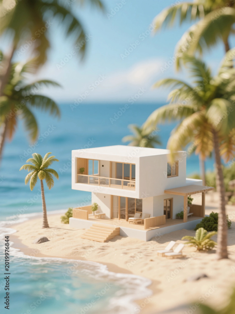 Fototapeta premium Luxury standalone miniature beach house positioned on a soft sandy shoreline. The house features modern coastal architecture with clean lines, large glass windows, a minimalist terrace