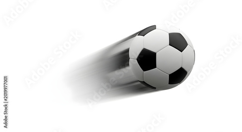 A soccer ball is flying through the air with a blurred motion effect